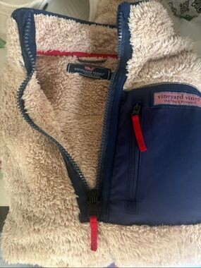 Vineyard Vines Plush Quarter-Zip Pullover in Beige YTH18 Navy Chest Panel zipper